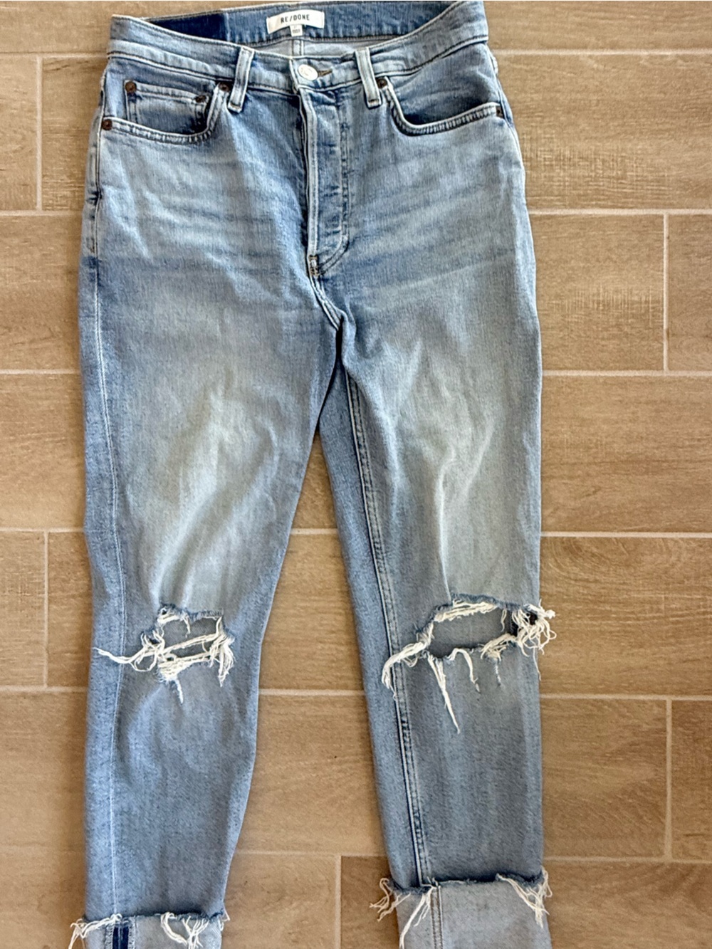 Re/Done Light Blue Distressed Knee-Rip Jeans